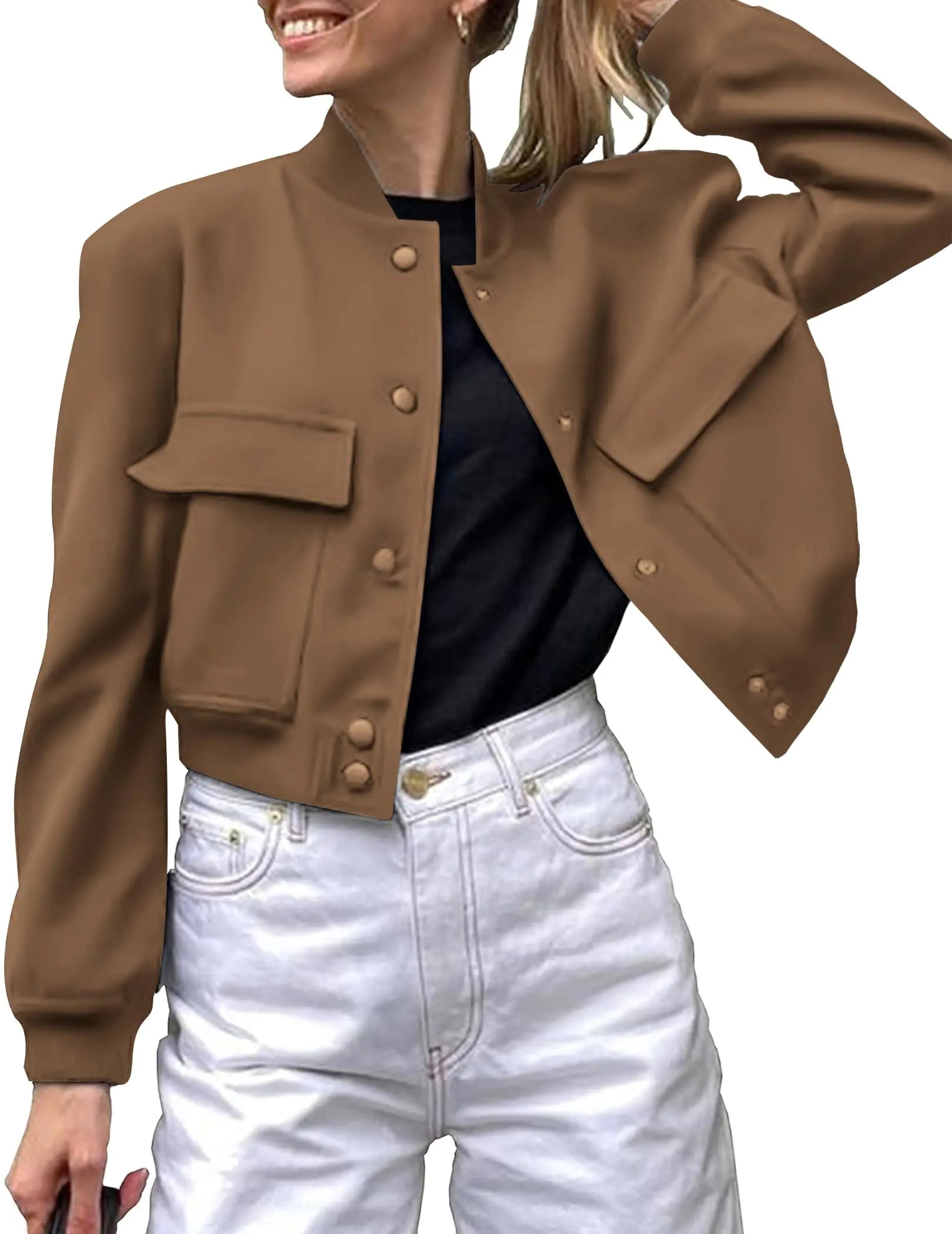 Zeagoo Women Bomber Jacket Casual Button Down Varsity Jackets Shackets With Pockets Outwear