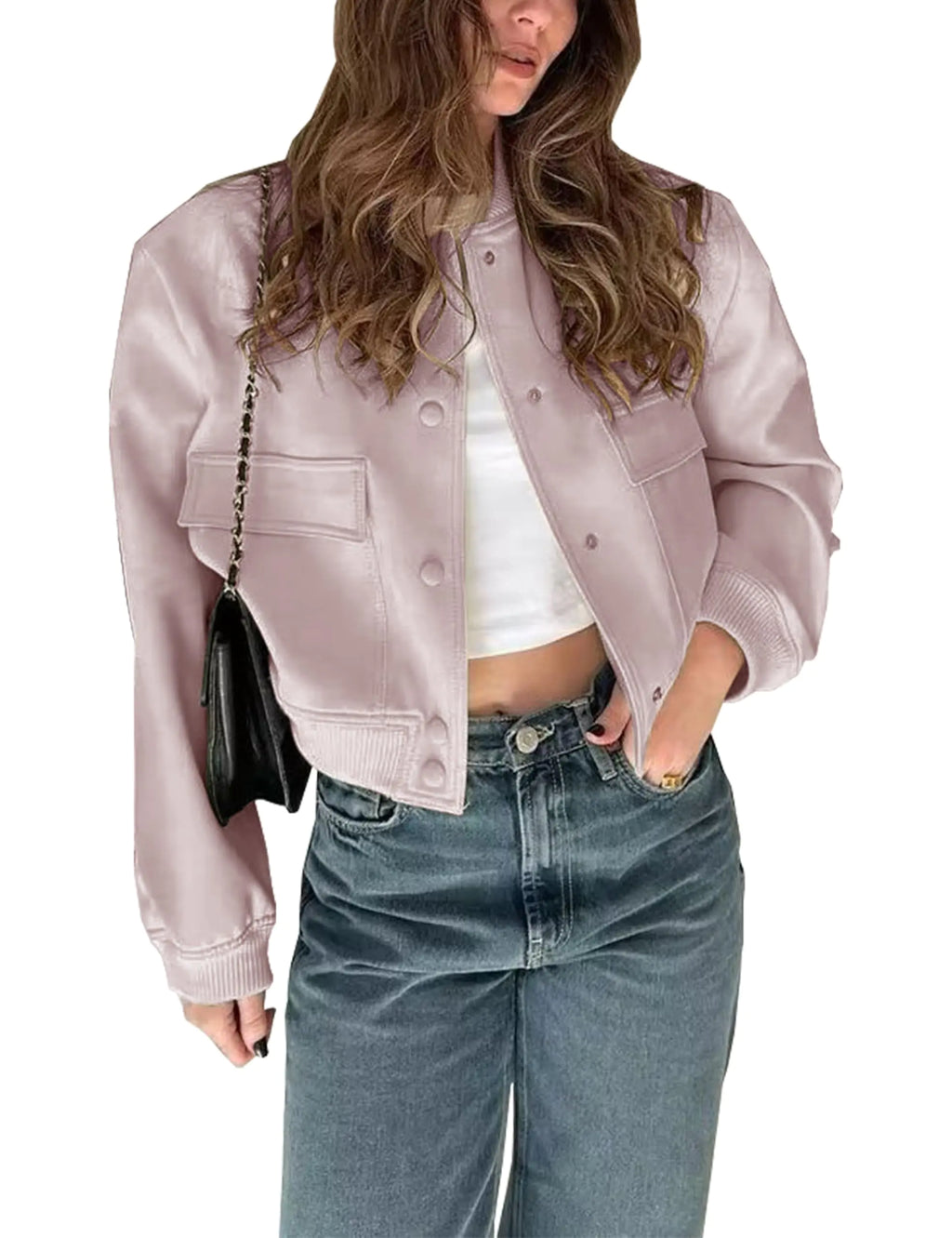 Megfie Womens Bomber Jacket Lightweight with Pockets Button Down Jackets Shackets(0394-Pink-M)