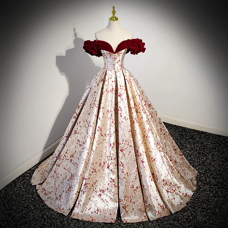 Luxurious Champagne Christmas Evening Dress With Red Floral Short Sleeves Paired With 3D Plum Blossom Ball Gown for Women