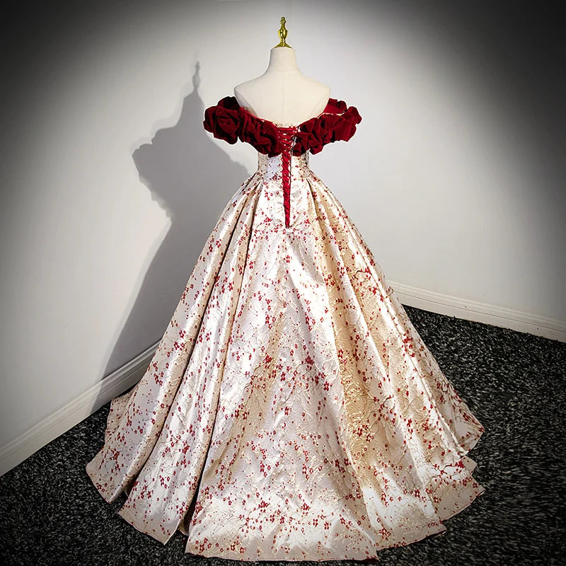 Luxurious Champagne Christmas Evening Dress With Red Floral Short Sleeves Paired With 3D Plum Blossom Ball Gown for Women