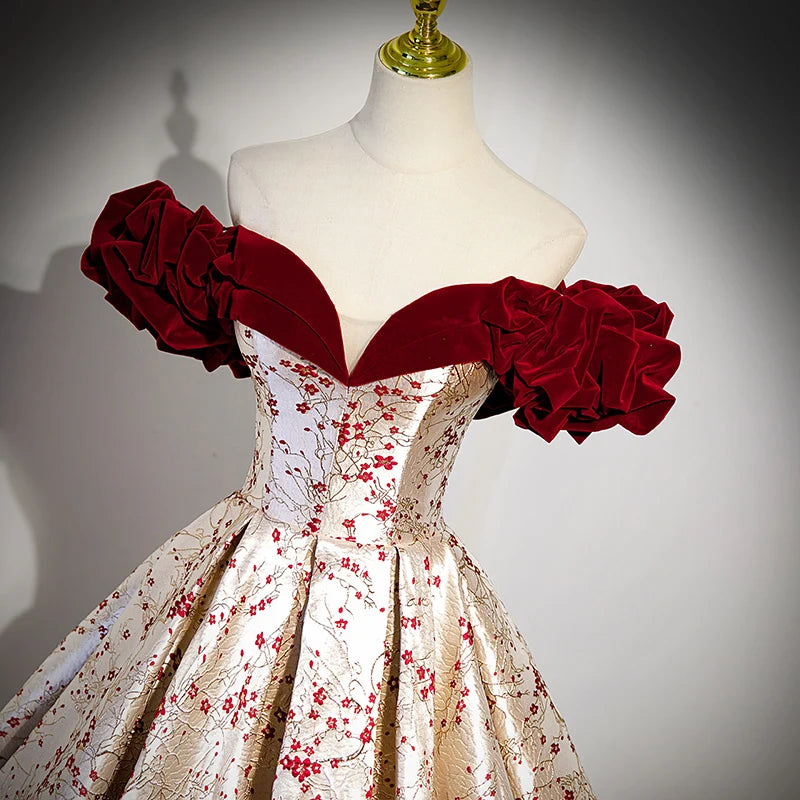 Luxurious Champagne Christmas Evening Dress With Red Floral Short Sleeves Paired With 3D Plum Blossom Ball Gown for Women