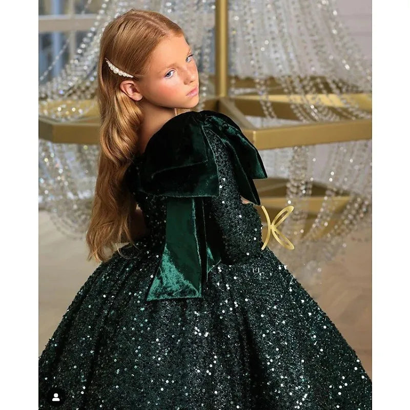 One Shoulder Girl Flower High End Luxury Birthday Girl Princess Dress Sequins Ball Gown for 1-12yrs