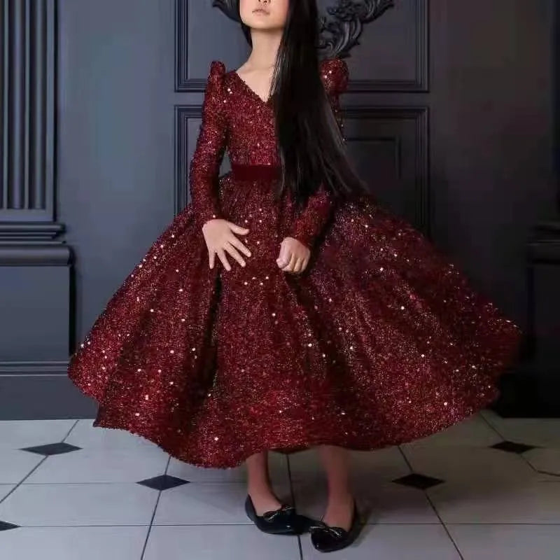 One Shoulder Girl Flower High End Luxury Birthday Girl Princess Dress Sequins Ball Gown for 1-12yrs