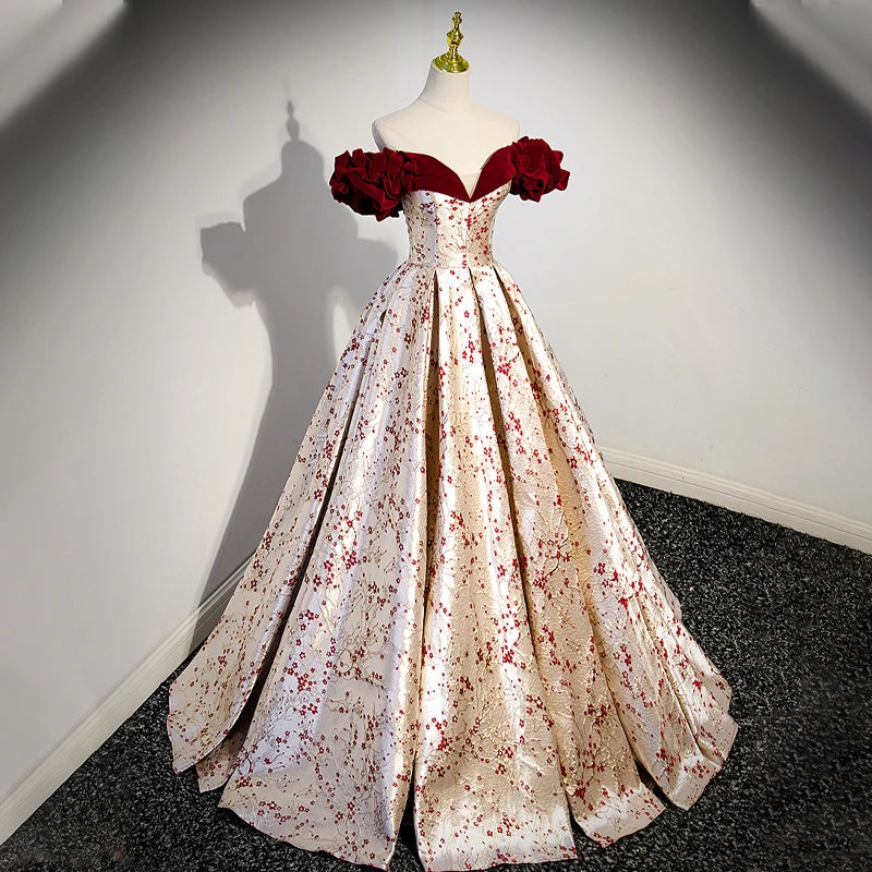 Luxurious Champagne Christmas Evening Dress With Red Floral Short Sleeves Paired With 3D Plum Blossom Ball Gown for Women