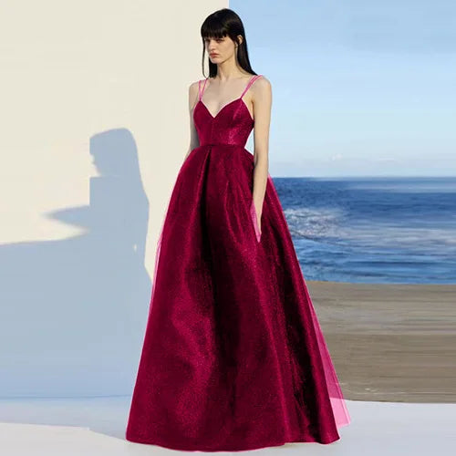 Ecoparty Elegant Spaghetti Strap Evening Guest Prom Long Party Dresses for Women  Sexy Deep V Neck Backless Summer Wedding Dress