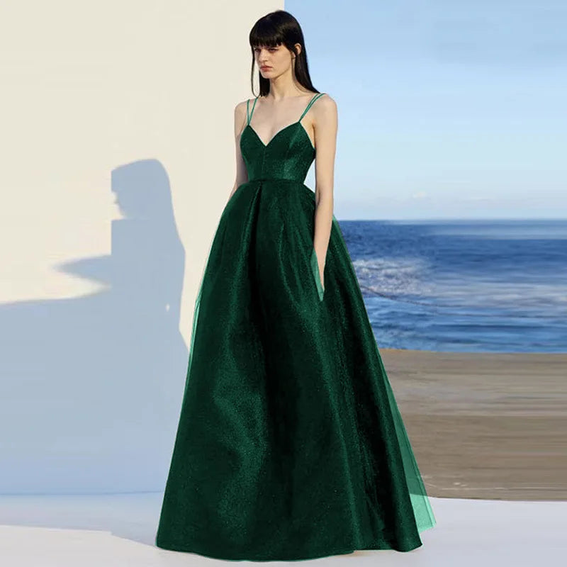 Ecoparty Elegant Spaghetti Strap Evening Guest Prom Long Party Dresses for Women  Sexy Deep V Neck Backless Summer Wedding Dress