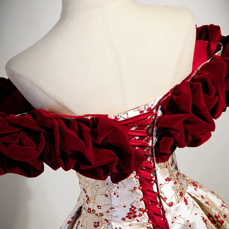 Luxurious Champagne Christmas Evening Dress With Red Floral Short Sleeves Paired With 3D Plum Blossom Ball Gown for Women