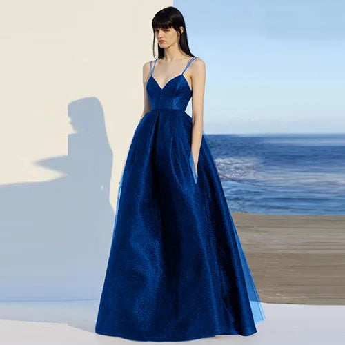 Ecoparty Elegant Spaghetti Strap Evening Guest Prom Long Party Dresses for Women  Sexy Deep V Neck Backless Summer Wedding Dress