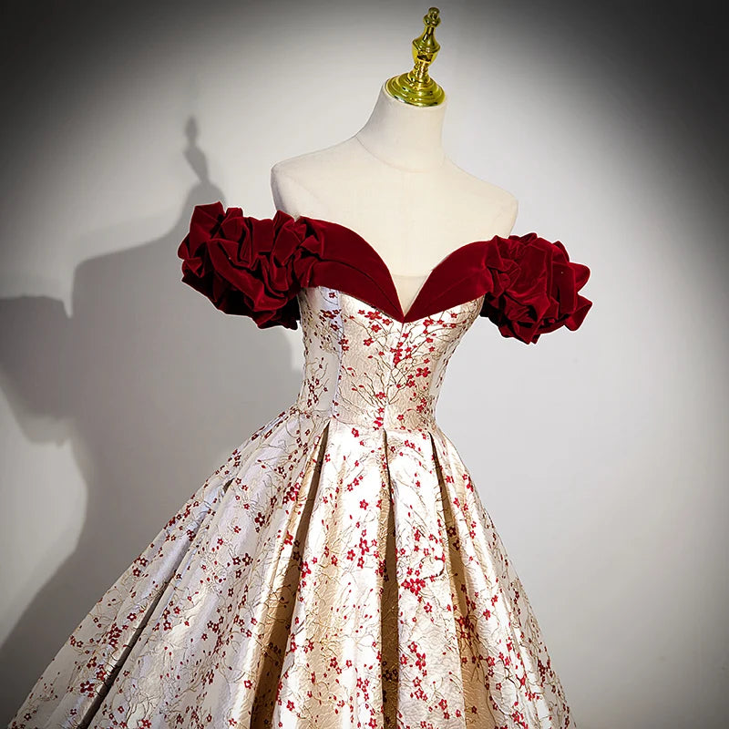 Luxurious Champagne Christmas Evening Dress With Red Floral Short Sleeves Paired With 3D Plum Blossom Ball Gown for Women
