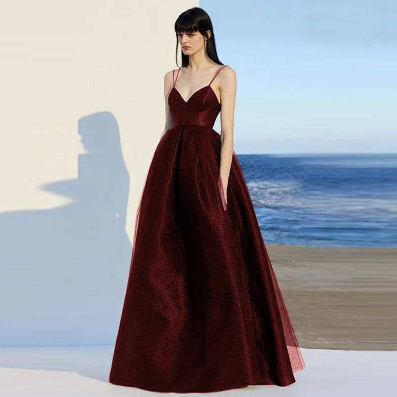 Ecoparty Elegant Spaghetti Strap Evening Guest Prom Long Party Dresses for Women  Sexy Deep V Neck Backless Summer Wedding Dress