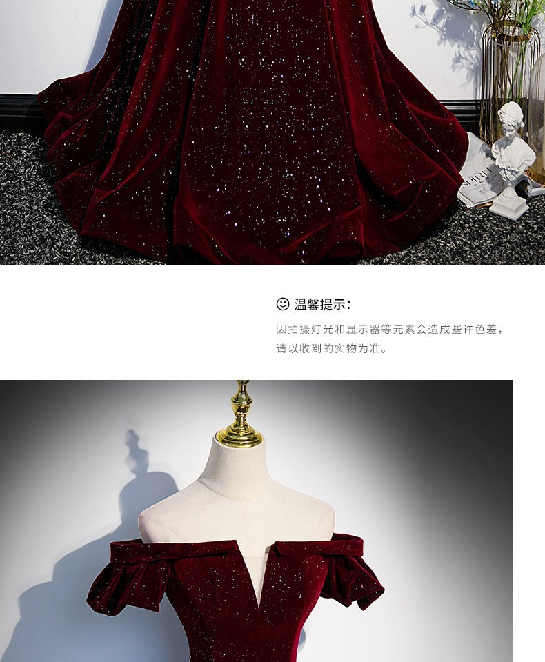 Customized One-shoulder Wine Red Velvet Evening Dress Female Slim Waist Temperament Slim Waist Wedding Party Vestidos Elegant Pr