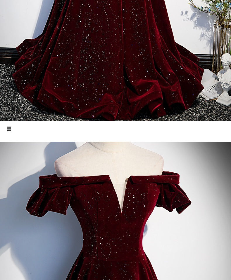 Customized One-shoulder Wine Red Velvet Evening Dress Female Slim Waist Temperament Slim Waist Wedding Party Vestidos Elegant Pr