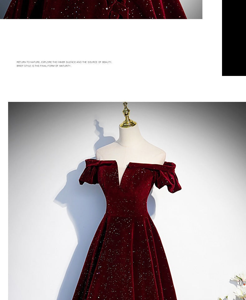Customized One-shoulder Wine Red Velvet Evening Dress Female Slim Waist Temperament Slim Waist Wedding Party Vestidos Elegant Pr