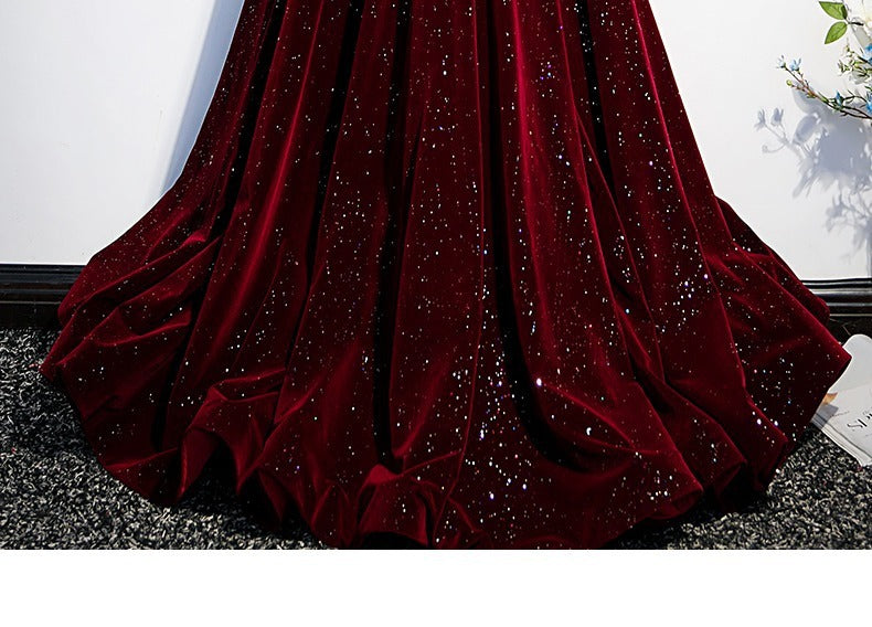 Customized One-shoulder Wine Red Velvet Evening Dress Female Slim Waist Temperament Slim Waist Wedding Party Vestidos Elegant Pr