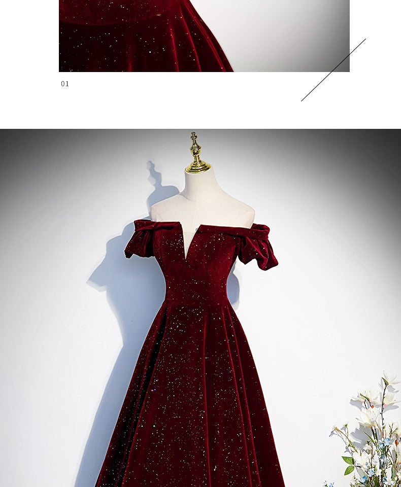 Customized One-shoulder Wine Red Velvet Evening Dress Female Slim Waist Temperament Slim Waist Wedding Party Vestidos Elegant Pr