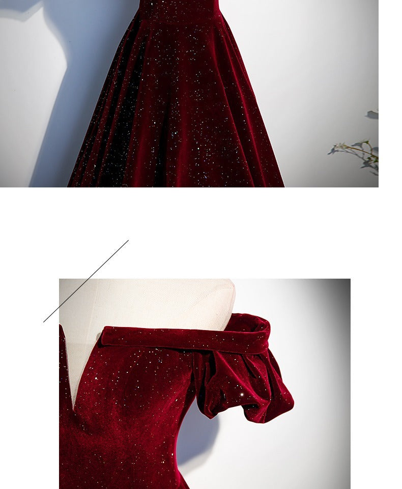 Customized One-shoulder Wine Red Velvet Evening Dress Female Slim Waist Temperament Slim Waist Wedding Party Vestidos Elegant Pr