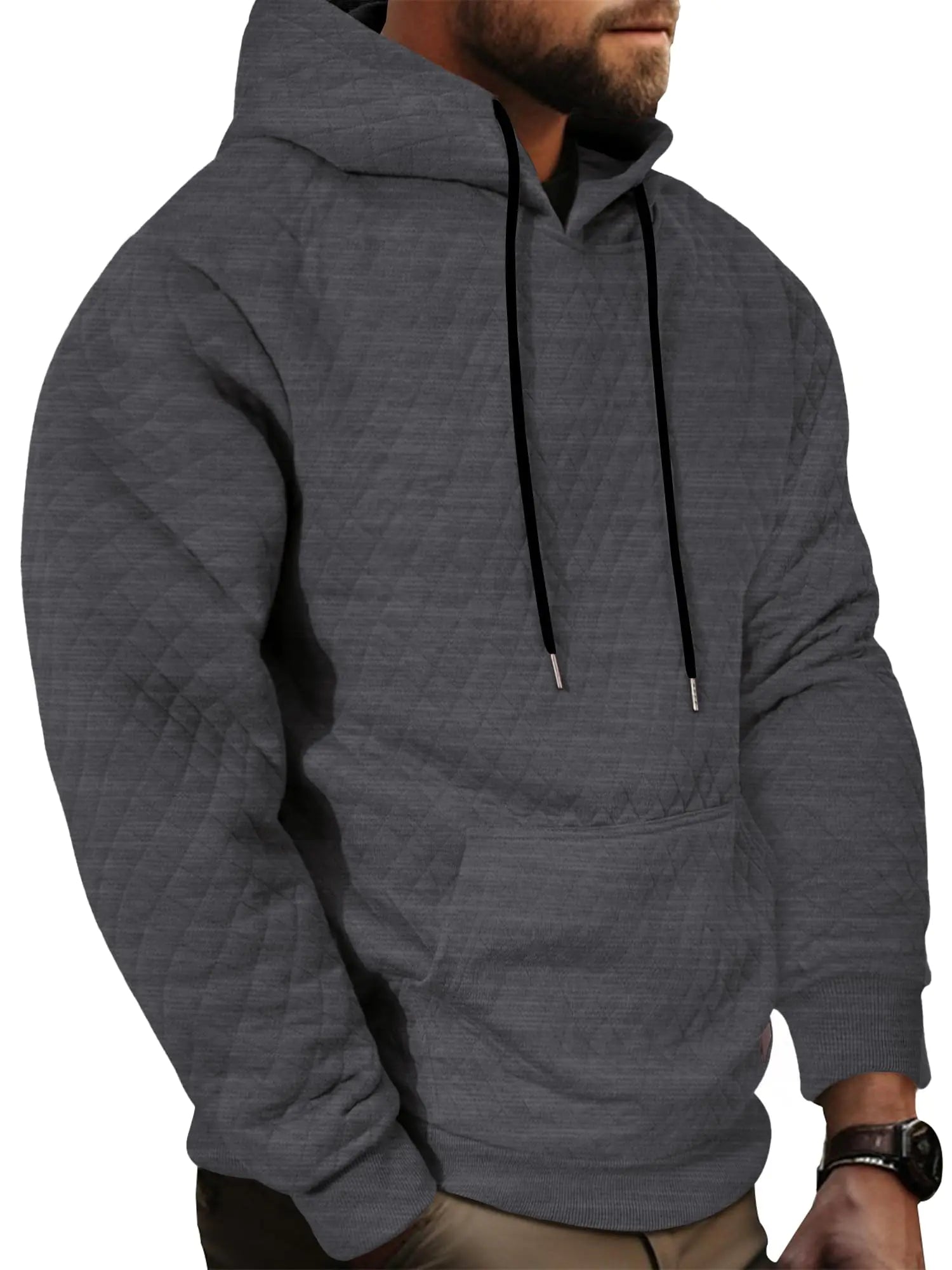 Comdecevis Mens Sweatshirts Casual Long Sleeve Drawstring Fashion Quilted Hooded Sweatshirts with Kanga Pockets Dark Gray 3XL