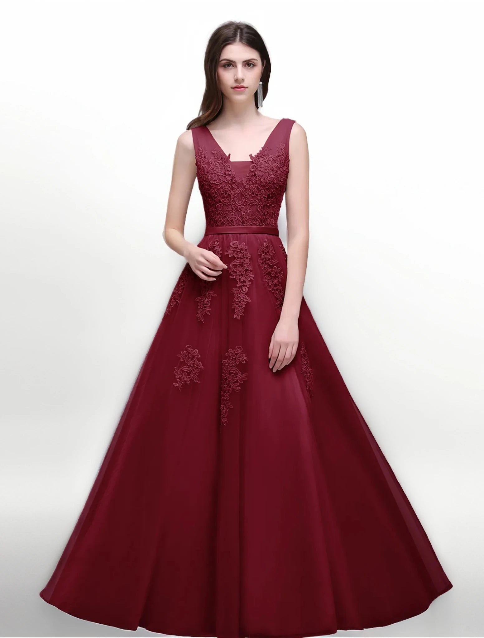 Women Burgundy Evening Dress Lace Appliques Tulle V-Neck Sexy Backless Prom Dresses A-Line Floor-Length Sleeveless Party Vestido
