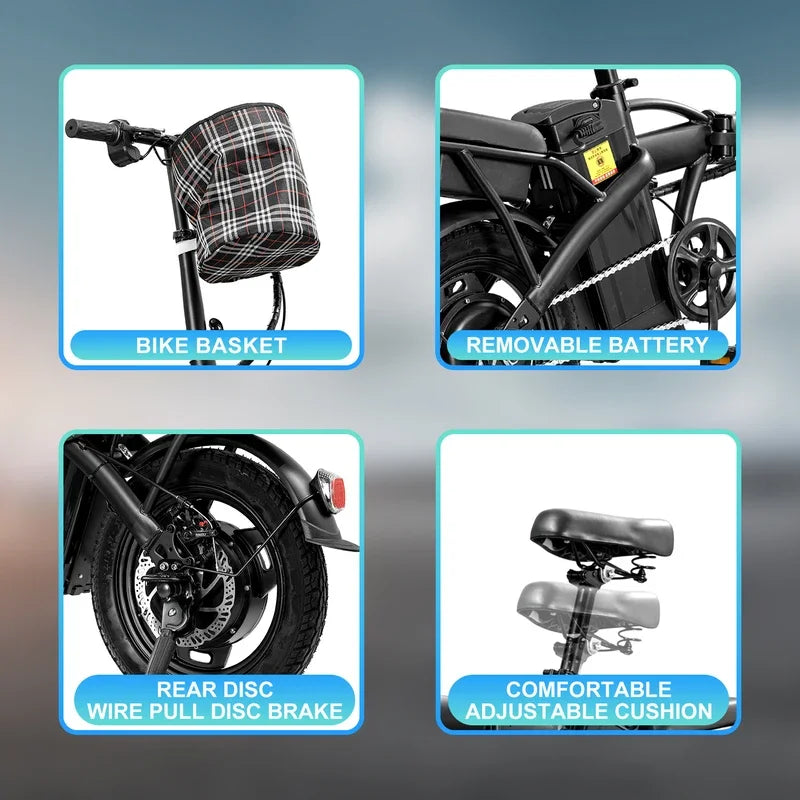 14" Foldable Electric Bike: 48V 350W Motor, 10.4Ah Battery, 22-Mile Range, 20MPH Top Speed, Includes Seat & Basket for Adults.