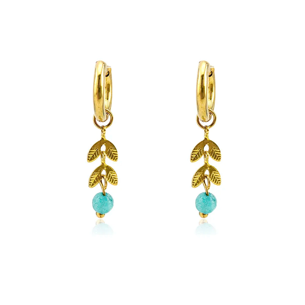 HUIDANG Trendy Earrings 2025 Boucles d'oreilles Woman Stainless Steel Leaf Charm Small Hoop Earrings With Stone