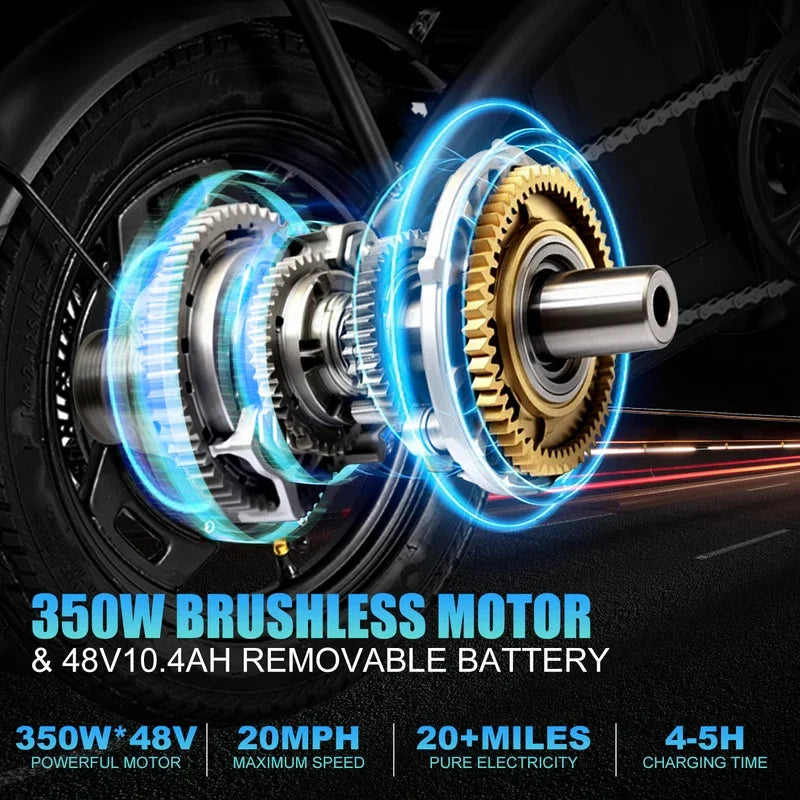 14" Foldable Electric Bike: 48V 350W Motor, 10.4Ah Battery, 22-Mile Range, 20MPH Top Speed, Includes Seat & Basket for Adults.