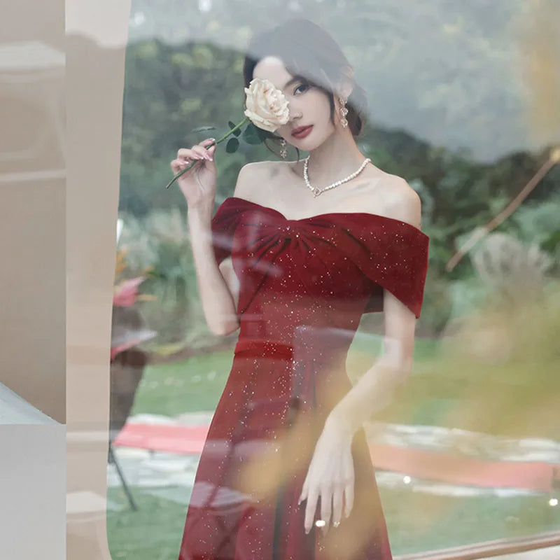 DongCMY New One-shoulder Prom Dresses Boat Neck Engagement Boho Dress Usually Wear Elegant Red Party Dresses For Women 2025