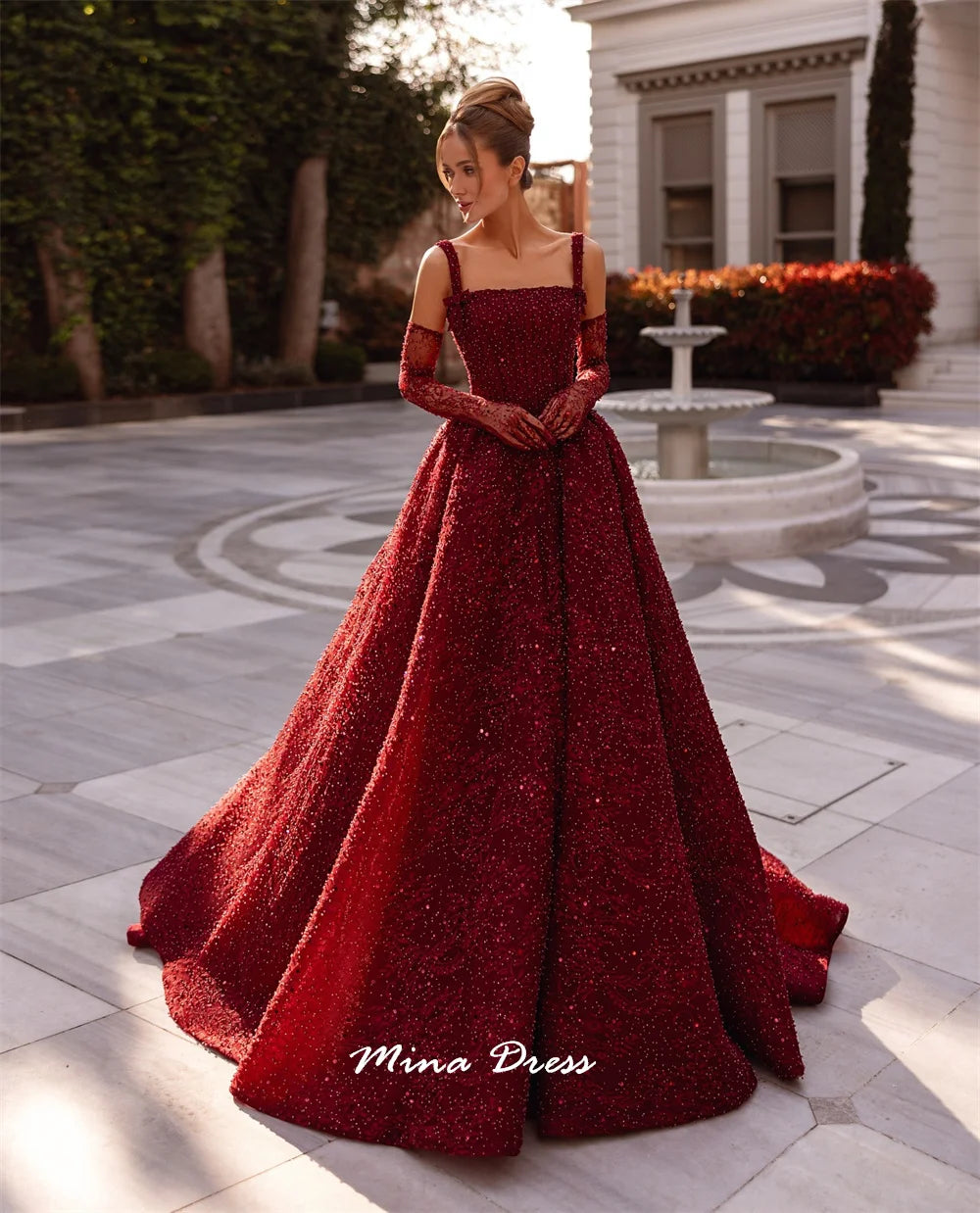 Mina Customized Beads Luxurious Women's Evening Dresses for Special Occasions Square Leader Back-length Party Elegant Woman Prom