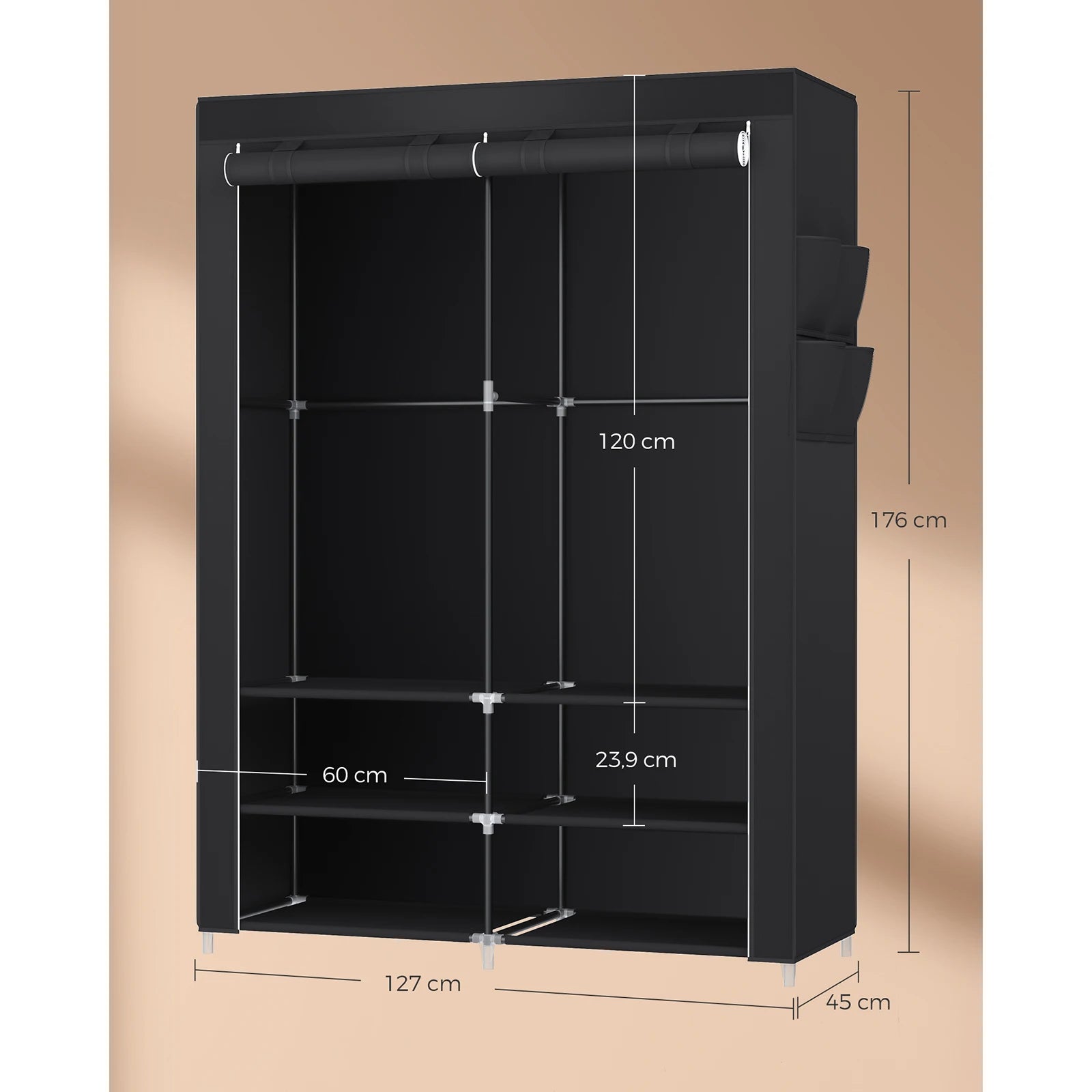 Armoire Chambre en Tissu, Porte-vêtements, Penderie, 45 x 127 x 176 cm cm, 2 Compartiments de Suspension, Noir RYG008B02