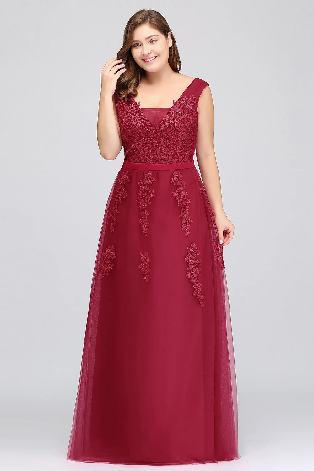 Women Burgundy Evening Dress Lace Appliques Tulle V-Neck Sexy Backless Prom Dresses A-Line Floor-Length Sleeveless Party Vestido