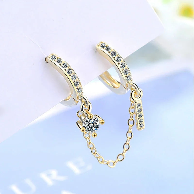 Boucles d’oreilles Women's Double Ear Hole Hoop Earrings Bohemia Two Hoops Connected With Chain Crystal Stud Charming Earring Piercing Jewelry