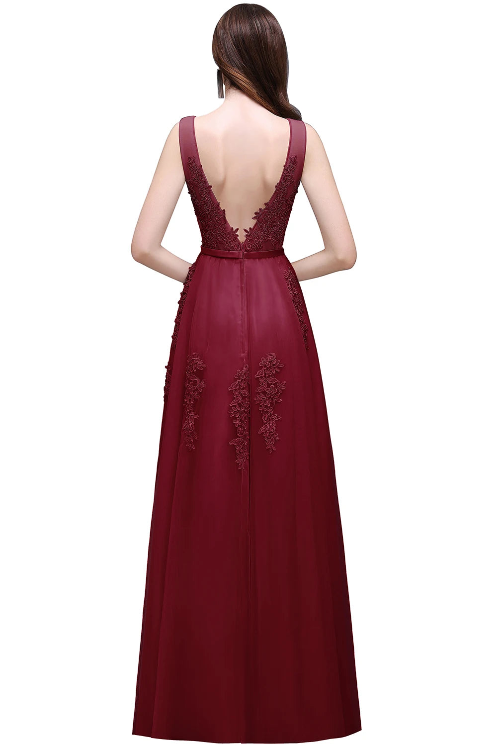 Women Burgundy Evening Dress Lace Appliques Tulle V-Neck Sexy Backless Prom Dresses A-Line Floor-Length Sleeveless Party Vestido