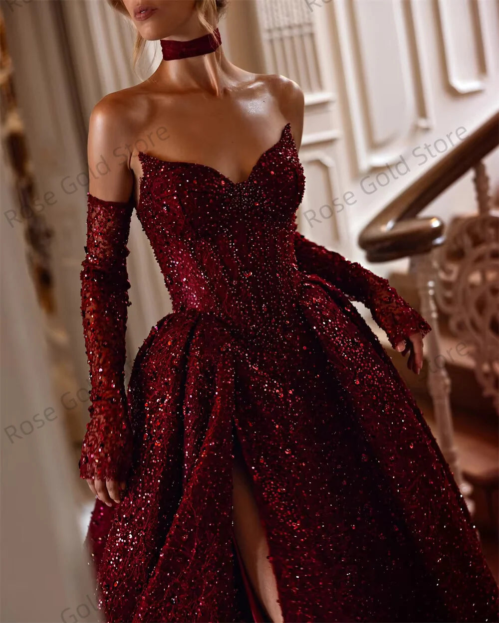 Exquisite Sequined Evening Dresses for Women Wine Red Beading Vestidos De Noche Wedding Party Princess Customized Wedding Dress