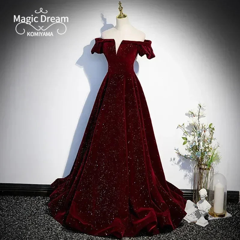Customized One-shoulder Wine Red Velvet Evening Dress Female Slim Waist Temperament Slim Waist Wedding Party Vestidos Elegant Pr