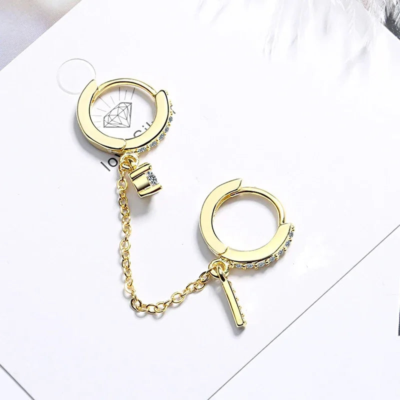 Boucles d’oreilles Women's Double Ear Hole Hoop Earrings Bohemia Two Hoops Connected With Chain Crystal Stud Charming Earring Piercing Jewelry