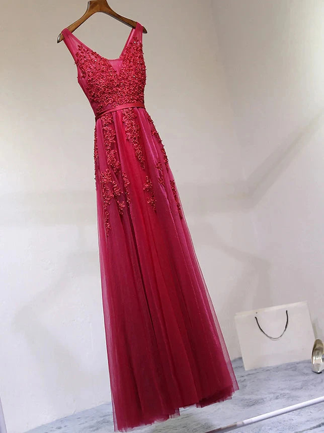 Women Burgundy Evening Dress Lace Appliques Tulle V-Neck Sexy Backless Prom Dresses A-Line Floor-Length Sleeveless Party Vestido
