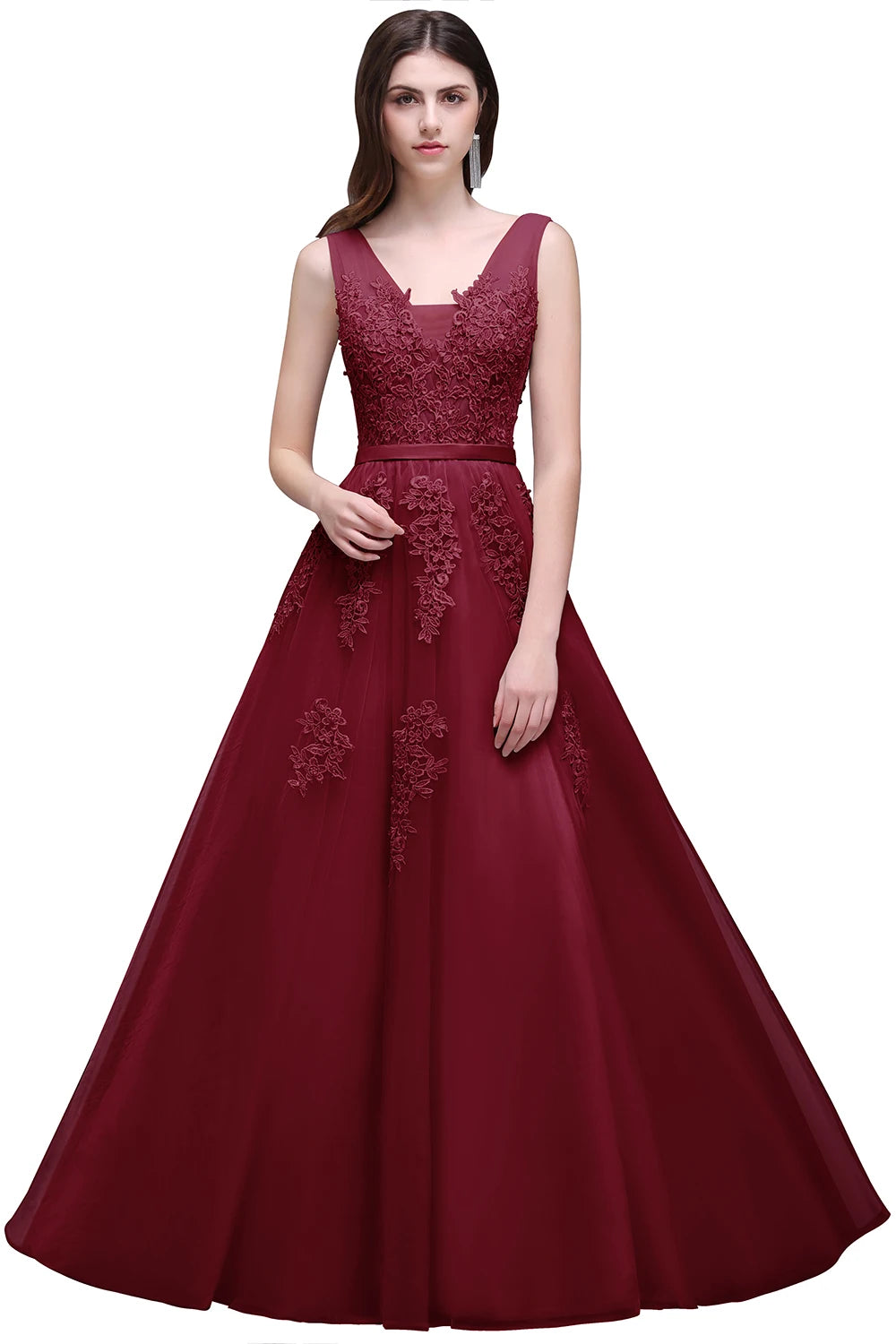 Women Burgundy Evening Dress Lace Appliques Tulle V-Neck Sexy Backless Prom Dresses A-Line Floor-Length Sleeveless Party Vestido