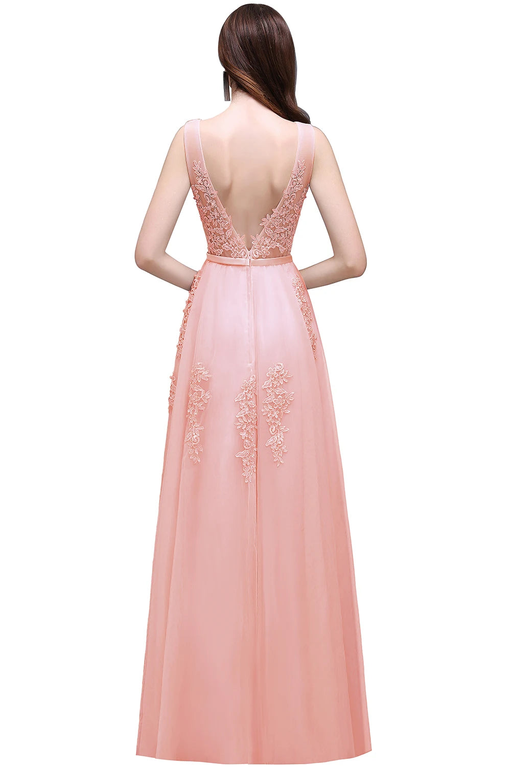 Women Burgundy Evening Dress Lace Appliques Tulle V-Neck Sexy Backless Prom Dresses A-Line Floor-Length Sleeveless Party Vestido