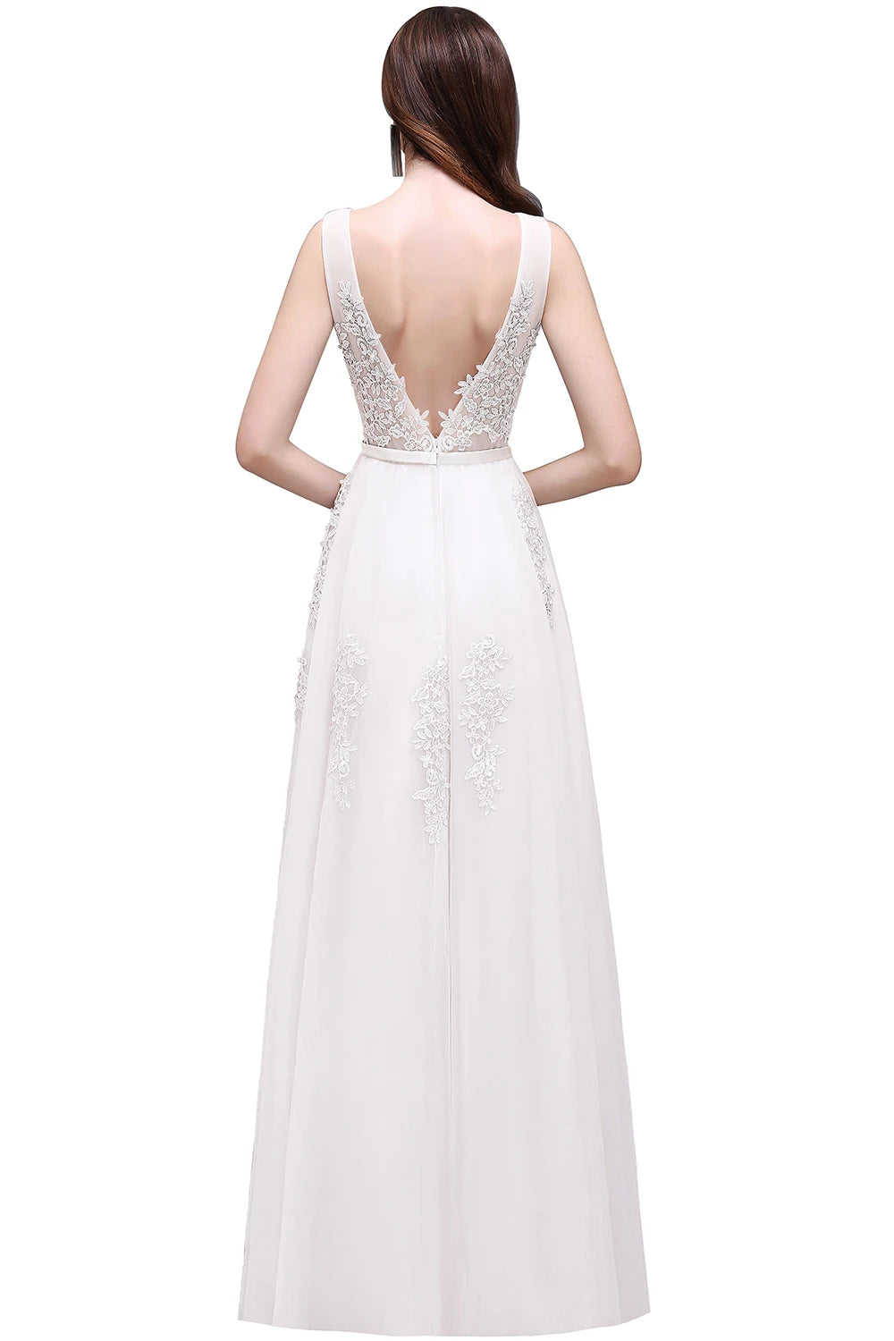 Women Burgundy Evening Dress Lace Appliques Tulle V-Neck Sexy Backless Prom Dresses A-Line Floor-Length Sleeveless Party Vestido