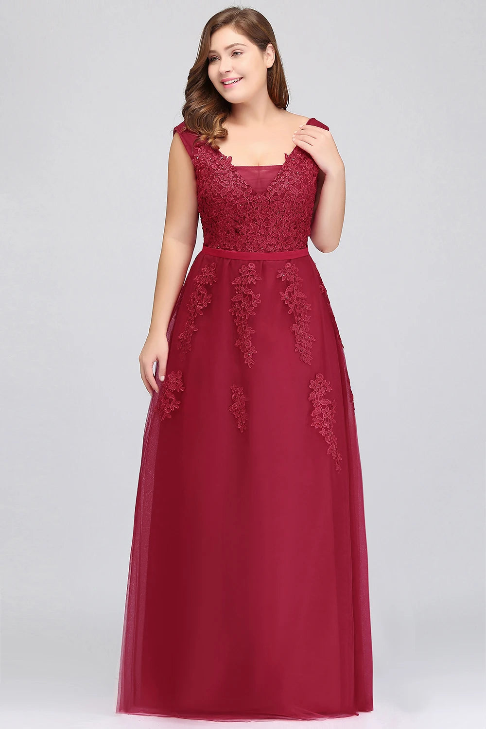 Women Burgundy Evening Dress Lace Appliques Tulle V-Neck Sexy Backless Prom Dresses A-Line Floor-Length Sleeveless Party Vestido