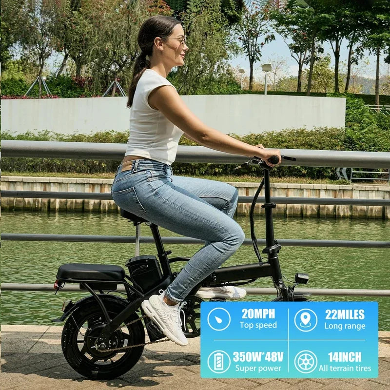 14" Foldable Electric Bike: 48V 350W Motor, 10.4Ah Battery, 22-Mile Range, 20MPH Top Speed, Includes Seat & Basket for Adults.