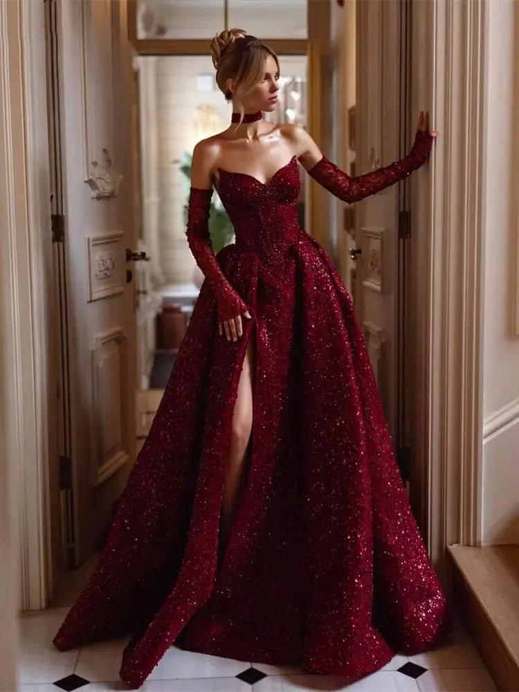 Exquisite Sequined Evening Dresses for Women Wine Red Beading Vestidos De Noche Wedding Party Princess Customized Wedding Dress