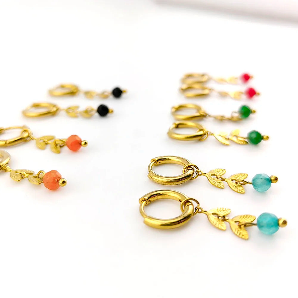 HUIDANG Trendy Earrings 2025 Boucles d'oreilles Woman Stainless Steel Leaf Charm Small Hoop Earrings With Stone