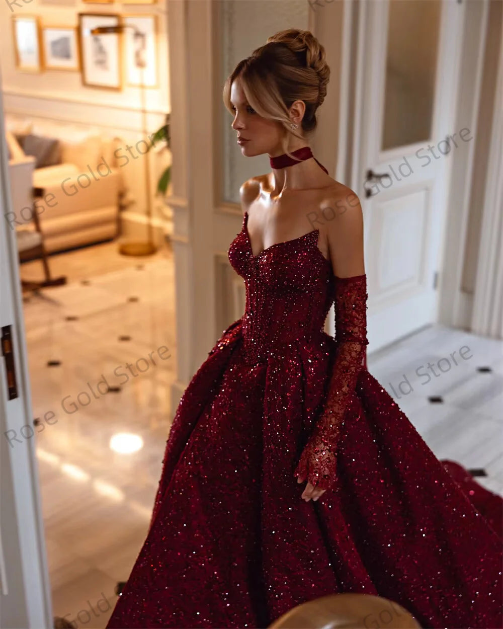 Exquisite Sequined Evening Dresses for Women Wine Red Beading Vestidos De Noche Wedding Party Princess Customized Wedding Dress