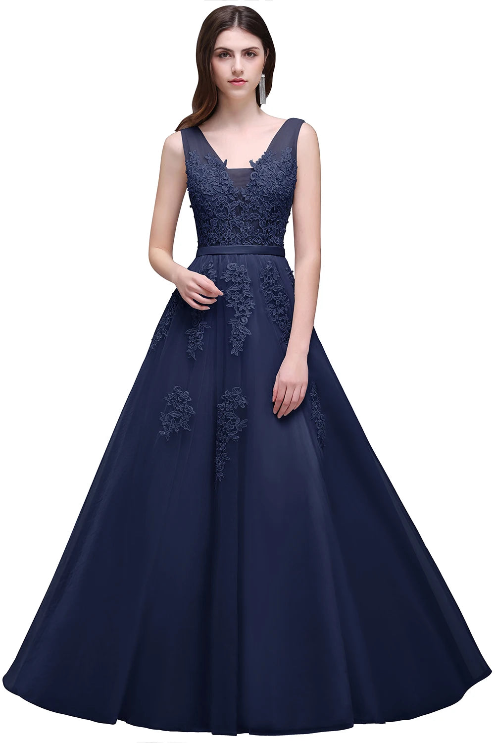 Women Burgundy Evening Dress Lace Appliques Tulle V-Neck Sexy Backless Prom Dresses A-Line Floor-Length Sleeveless Party Vestido