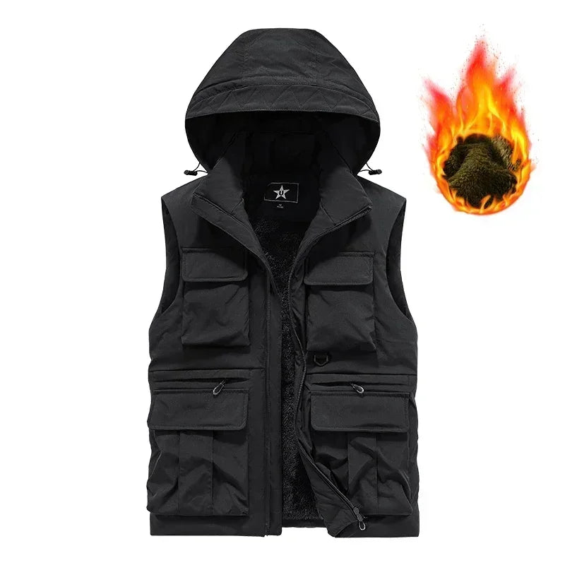 Men's Vest Coat Winter Windbreaker Fashion Sleeveless Jacket Waistcoat Thick Warm Fleece Workwear Tops Detachable hat Cargo Vest