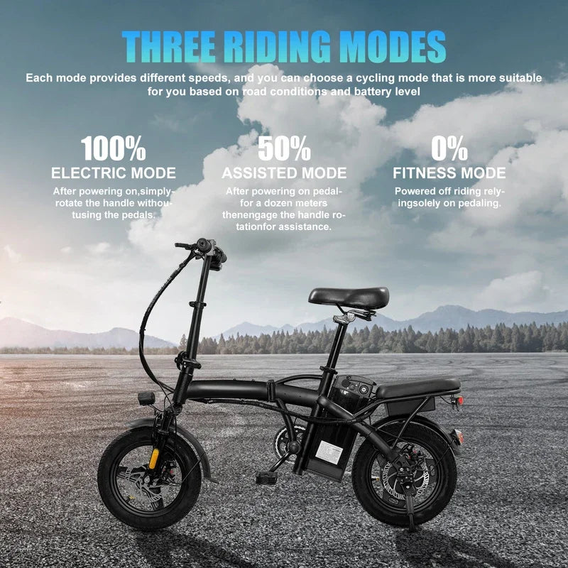 14" Foldable Electric Bike: 48V 350W Motor, 10.4Ah Battery, 22-Mile Range, 20MPH Top Speed, Includes Seat & Basket for Adults.