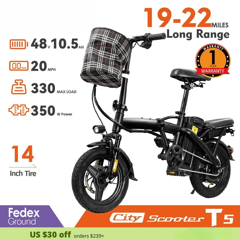 14" Foldable Electric Bike: 48V 350W Motor, 10.4Ah Battery, 22-Mile Range, 20MPH Top Speed, Includes Seat & Basket for Adults.