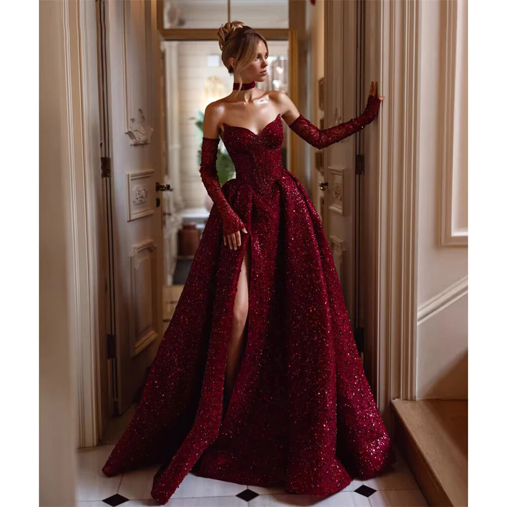 Exquisite Sequined Evening Dresses for Women Wine Red Beading Vestidos De Noche Wedding Party Princess Customized Wedding Dress