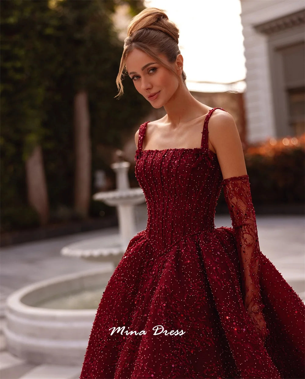Mina Customized Beads Luxurious Women's Evening Dresses for Special Occasions Square Leader Back-length Party Elegant Woman Prom