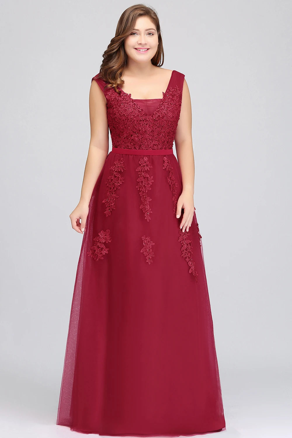 Women Burgundy Evening Dress Lace Appliques Tulle V-Neck Sexy Backless Prom Dresses A-Line Floor-Length Sleeveless Party Vestido